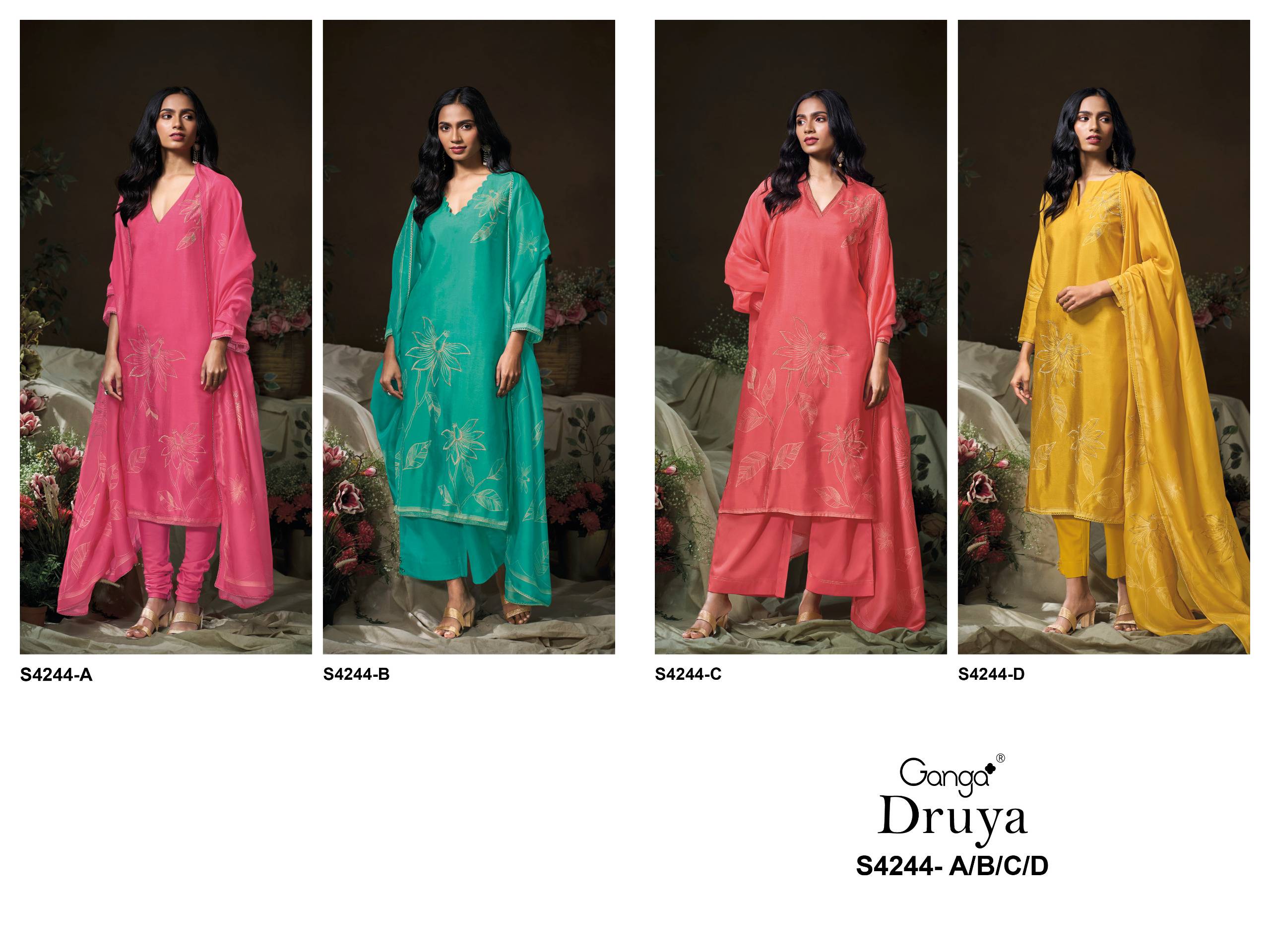 DRUYA 4244 Series By GANGA FASHION Stylish Beautiful Colourful PURE BEMBERG SILK Dresses At Wholesale Price